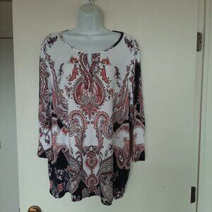 Chico's White Pink Paisley Keyhole Front Tunic Top Size 3 Extra Large 3/4 Sleeve